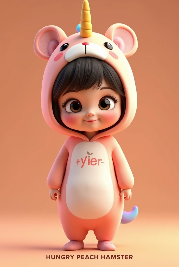 3D cartoon image of a girl wearing a peach hamster costume with the name HUNGRY PEACH HAMSTER written under the floor. On the front of her unicorn costume is printed the name JENJEN. Looking at viewer, Wide Shot, 