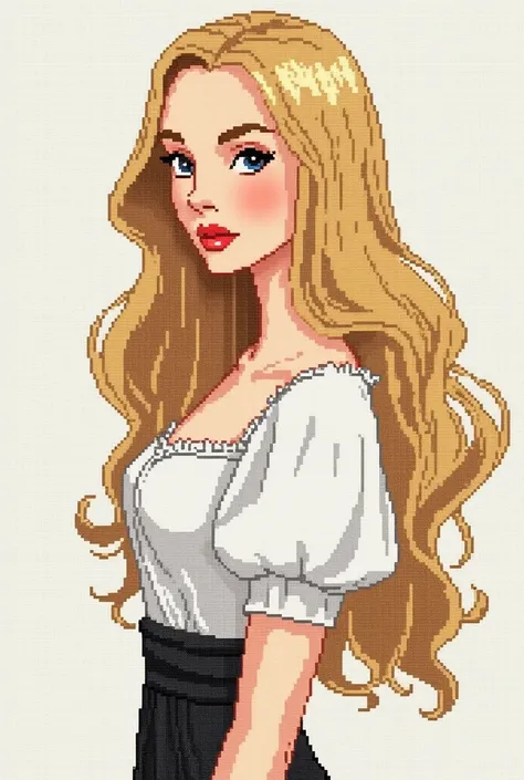 Create a cross-stitch pattern based on a digital illustration of an elegant blonde woman with long wavy hair, wearing a white puff-sleeve blouse. The design should have a clear grid structure with simplified details suitable for embroidery. The background ...