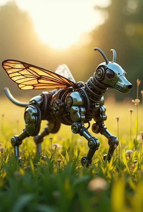 a mechanical animal made of gears and pipes, a steam-powered butterfly or robot dog, freely moving in a grassy meadow, intricate detailed machinery, cinematic lighting, vibrant colors, photorealistic, 8k, highres, best quality, masterpiece