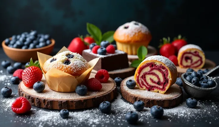 A flat lay of various pastries on wooden boards against a dark background. Theres a blueberry muffin wrapped in parchment paper, a strawberry shortcake, a chocolate cake with berries, a raspberry roll cake, and fresh berries scattered around. A bowl of blu...