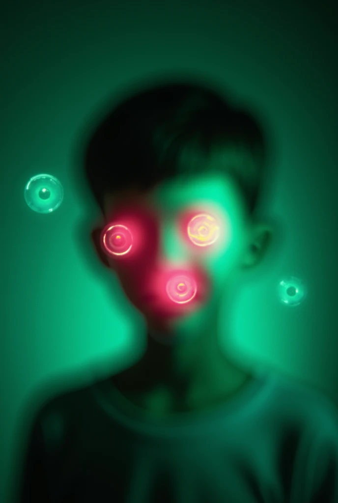  Create an image with a fairly black background with green and pink LEDs with a boy behind them, very blurry photo 