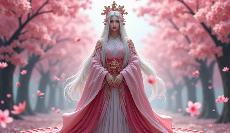 Japanese queen in a skirt with long white hair in a cherry forest