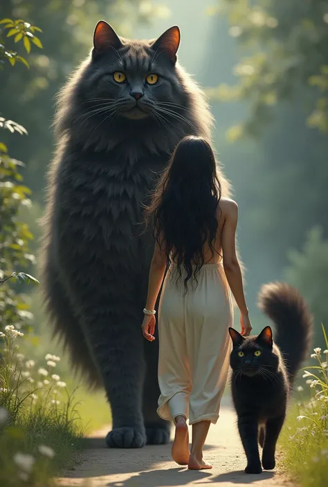 Im a beautiful woman tall long black hair dressed casually walking with a very big cat Angora