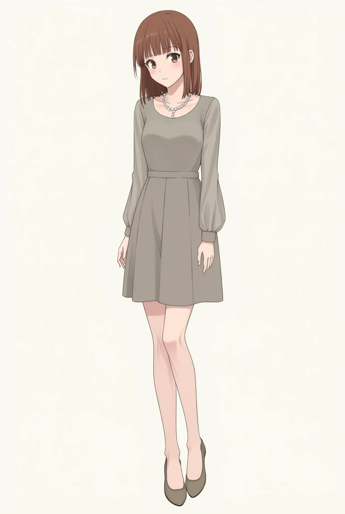 Ritsuko is wearing a modest A-line dress that falls Just above her knees. Paired with a pair of comfortable flats and matching pearls.