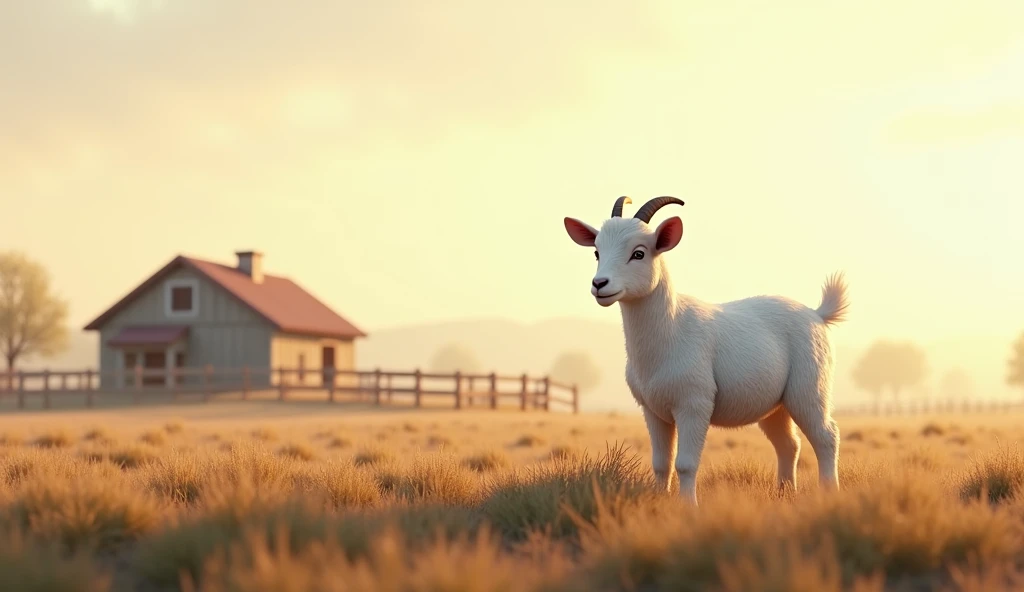 empty farm image with one white pregnant goat standing 