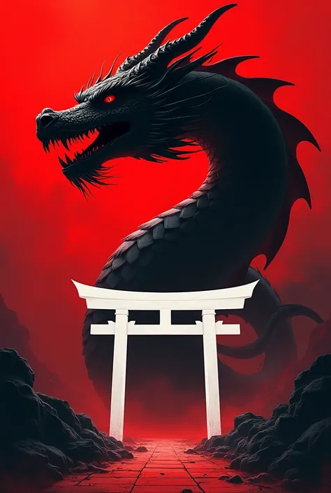 I want a red background image that has the following: a torii and a dragon does another, but now the torii is white and the dragon is black 