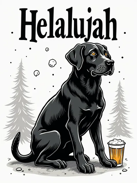 Black and white beer label . Styl prosty, szkic,  comic , zabawny, świąteczny. Na środku nazwa piwa "Helalujah " i czarny labrador trzymający w łapie ciemne piwo, w świątecznej edycji z rogami renifera.  At the top of the label the inscription  "Browar z w...