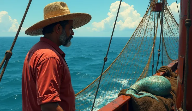  Mexican fisherman wearing a red shirt with a crochet hat peering down into the sea from a large ship, a mermaid lying on a net towards a boat , hyper realistic