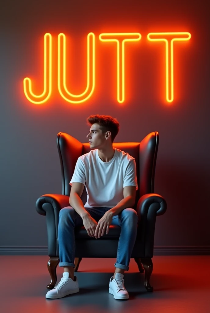 Create a 3D illusion for a profile picture where a 25 Year old cute boy in a white shirt sitting on a Wingback chair. Wearing sneakers, he looks ahead. The background features "jutt" in big and capital orange neon light fonts on the dark grey wall. There s...