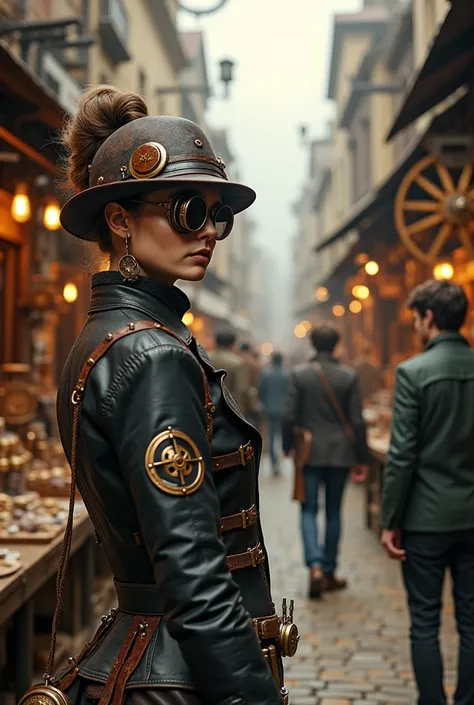 A bustling steampunk market in an old town, various mechanical devices and gadgets for sale, citizens wearing unique leather and brass accessories, (best quality,4k,8k,highres,masterpiece:1.2),ultra-detailed,(realistic,photorealistic,photo-realistic:1.37),...