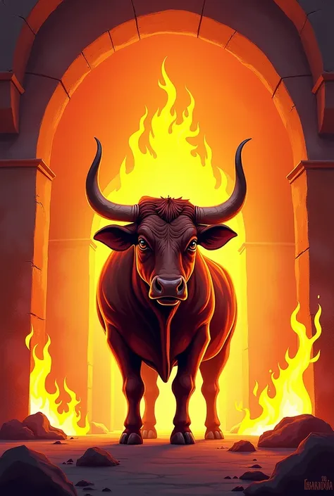 A banner for a baked goods store called Esperança Assados, Using flames ,  an ox and the colors , therefore, orange, red and yellow