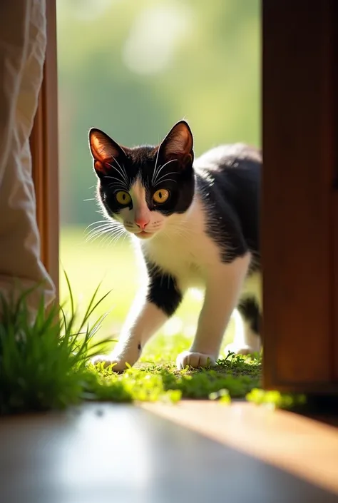 An inquisitive black and white cat cautiously stepping out from the shadows of a cozy indoor corner into a bright, open world. The scene captures the moment he ventures forth, one paw hesitantly placed on a sunlit patch of grass, his wide eyes filled with ...