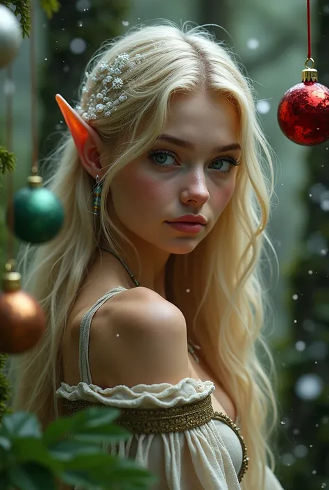  woman Young  very beautiful mythology elf  long hair blonde color dress santa claus  with colored christmas ballsthe moss Green White red golden the lord of the rings 8k