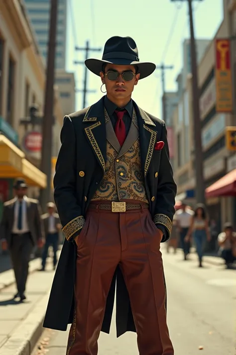  A young man dressed like a pachuco on the streets of Los Angeles, challenging society with his dress and attitude .