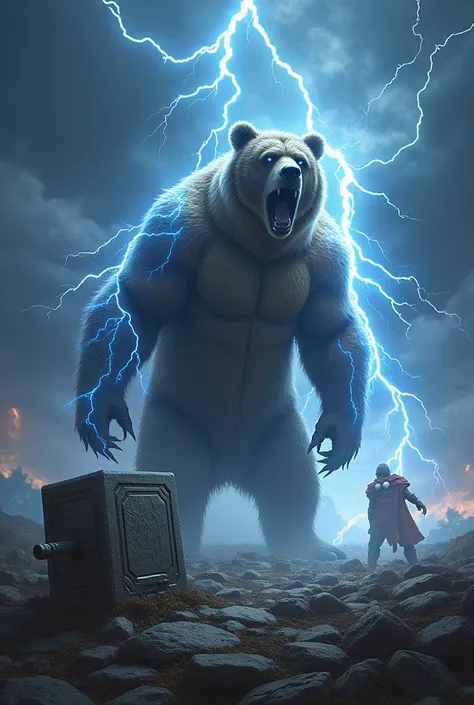 create 32k ultra-realistic image of a scene with a bear, a howling lightning dragon, and Mjölnir as distinct entities. The bear stands imposing, its fur illuminated by the stormy lighting. Nearby, a howling lightning dragon exudes power, its electrified sc...