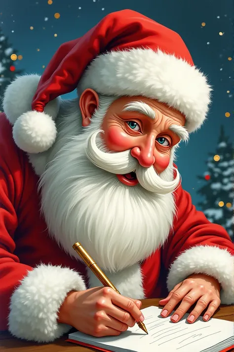 whimsical colored ink wash image of a realistic authentic close up of Santa writing his list. accurate text "Happy Christmas to All" in script