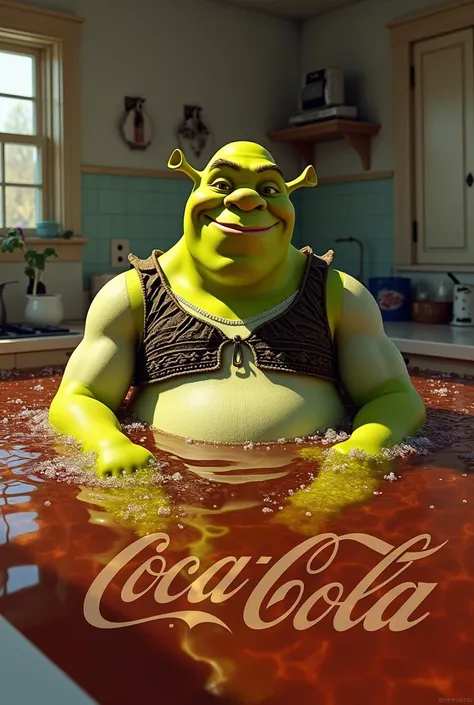 Shrek en una pileta de cocacola