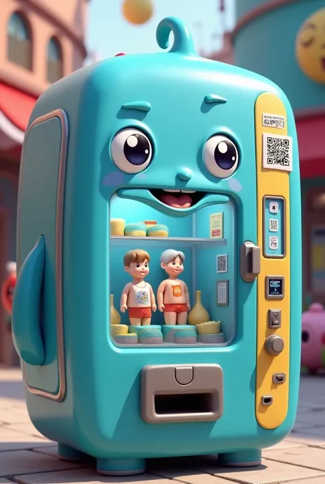 Cute blue Vending machine that sell one big boy and girl human by using 1 qr code