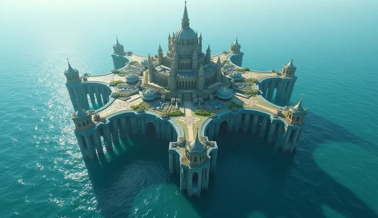 Mystical fantasy city built in the middle of the sea with fantastic water-themed buildings .{{ No soil or plants around}}, only water .  photo taken from above 