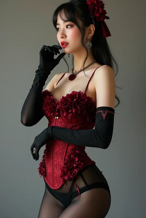 Create an image of a Korean woman wearing black tights and short shorts below the stocking with a cherry red corset with dark red flower decorations and with a large black heel and neck and earring accessories with a black glove on her hands that reaches t...