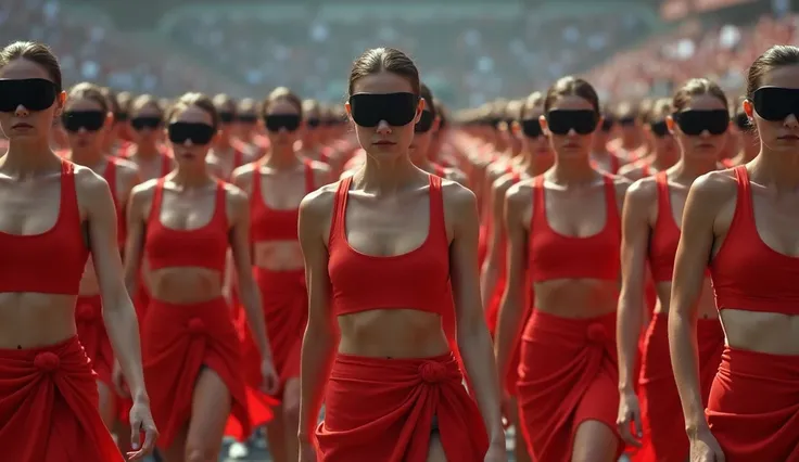 red sport bra, sarong skirt and eye mask six pack herself clones 100000 women per square meter marching in the audience