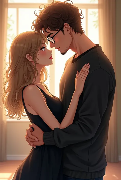 ((The best quality)), ((masterpiece)), (detailed), perfect face,Title : There is one man and one woman.Man is white skinned.Man has brown curly hair,wearing glasses,wearing black sweat and has little bit goatee and looking to the womans eyes.woman is white...