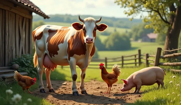 real image of cow giving milk and chickens and pigs are in farm standing 