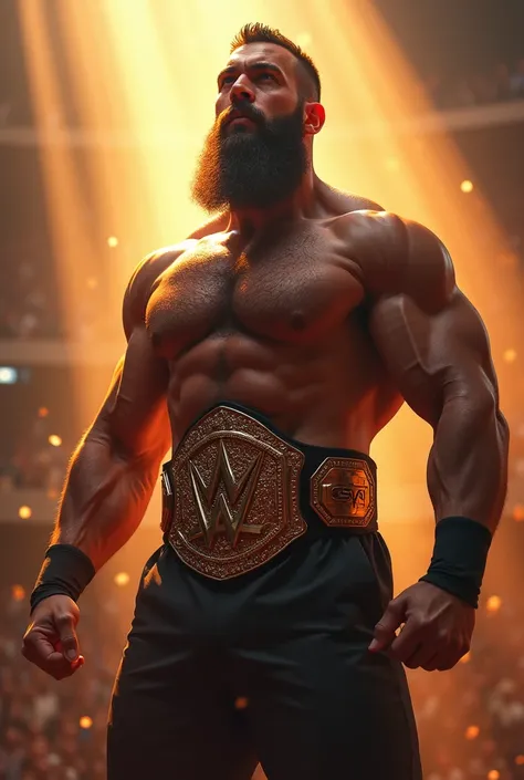 a muscular bearded man, champion, winner, triumphant, dynamic pose, dramatic lighting, cinematic, hyper detailed, 8k, photorealistic, digital painting, vibrant colors, warm color palette, chiaroscuro, powerful, heroic, dynamic, intense expression, thick be...