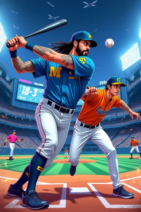 . Create a Japanese anime-style illustration from the 90s depicting an exciting baseball game .  The image must include :

1. **Scenery:**
    - A futuristic baseball stadium with neon lights and holographic screens .  The background must show a vibrant ci...