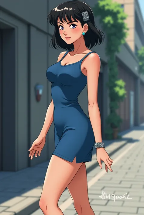 Misato now looks like a woman from the 1990s, dressed in the fashion of that era. Shes wearing a short blue dress, highlighting her curves and socks on her feet. Her hair is held back with a hair clip, showing off her face and shoulders, and she wears mode...