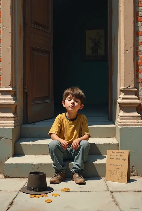 Un garçon de 10 ans aveugle assis sur les marches dun bâtiment avec un chapeau à ses pieds contenant des pièces de monnaie pancarte où il y a écrit je suis aveugle aidez-moi sil vous plaît. Image bien colorée et bien détaillée peinture à lhuile 