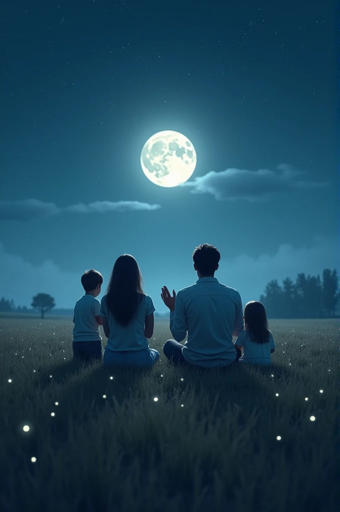 Create an image of a family praying in a field at night