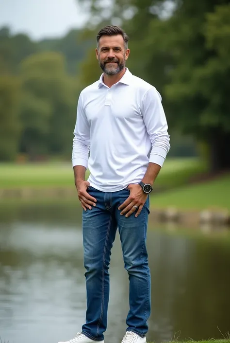 A man standing wearing blue jeans tucked in white full sleeves polo shirt and white sports shoes with a watch in his hand 