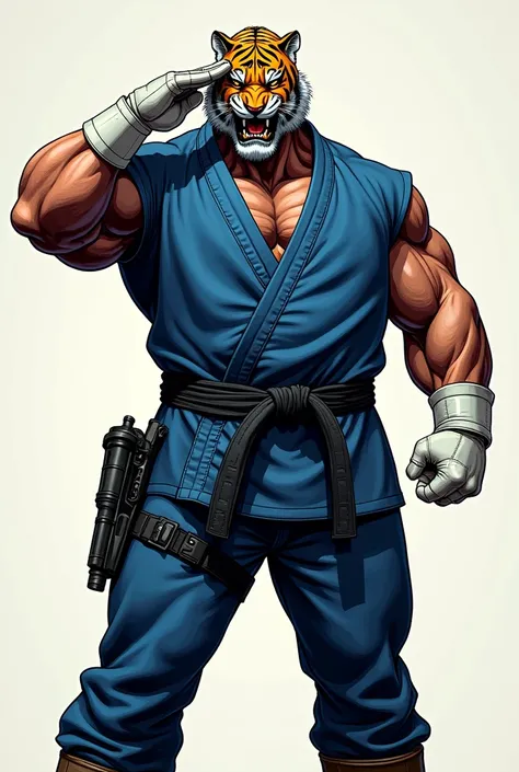 (A rugged beefy extremely muscular bulky old man), (wearing blue ninja gi), (wearing realistic roaring tiger mask), saluting,  wearing bulky scuba gear, muscular physique, toned muscles, fierce, heroic, action, comic artstyle, bulky best quality, wearing w...