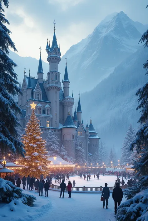 raw photo, realism, photo taken with sony Alpha, real people, families, huge ice skating rink with people, with a white and beautifulcastle in the middle of a snowy mountain, beautiful castle, luxury castle, magical castle, epic castle with tall spires, fa...