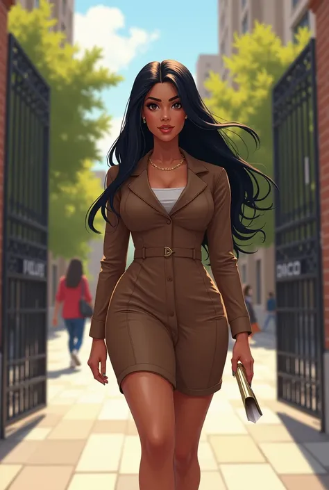 Generate a picture of A curvy young adult illustration, looking like a second life game character with an hourglass figure walks gracefully through a college gate. She’s short. Looks modern like Jayda cheaves. She wears a brown teacher’s college uniform th...