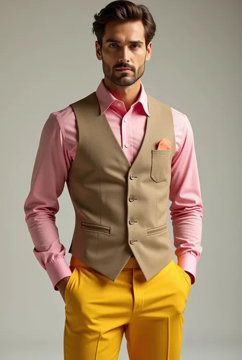 yellow pants, formal pink shirt and light brown sleeveless vest, that is a man