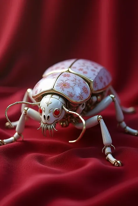 On a red velvet background, a mechanical beetle, covered in a Blue and white porcelain-patterned floral skin print, rendered in cinema4d style, dreamy and Romantic, Ray Tracing, Brandon Werfel, delicate materials, ethereal and dreamy, luminous, Translucent...