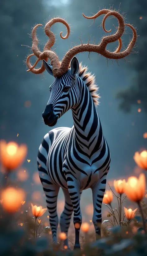 "A zebra fused with a stag, with spiraling antlers that look like vines, standing amidst a field of luminous flowers during twilight."
