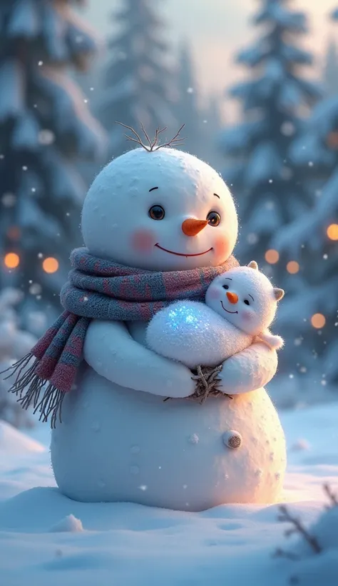 A heartwarming winter scene featuring a snowman holding a tiny snow baby in its twig arms. The snowman is rounded and well-crafted, with a carrot nose, coal eyes, and a cozy scarf in soft colors. The snow baby glows faintly, as if made of sparkling ice cry...