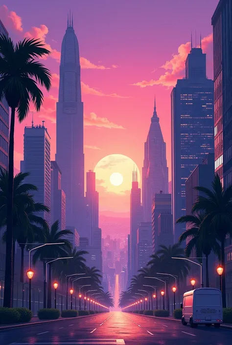 Create the city of San Salvador El Salvador anime style with a beautiful purple sunset and no people for a book