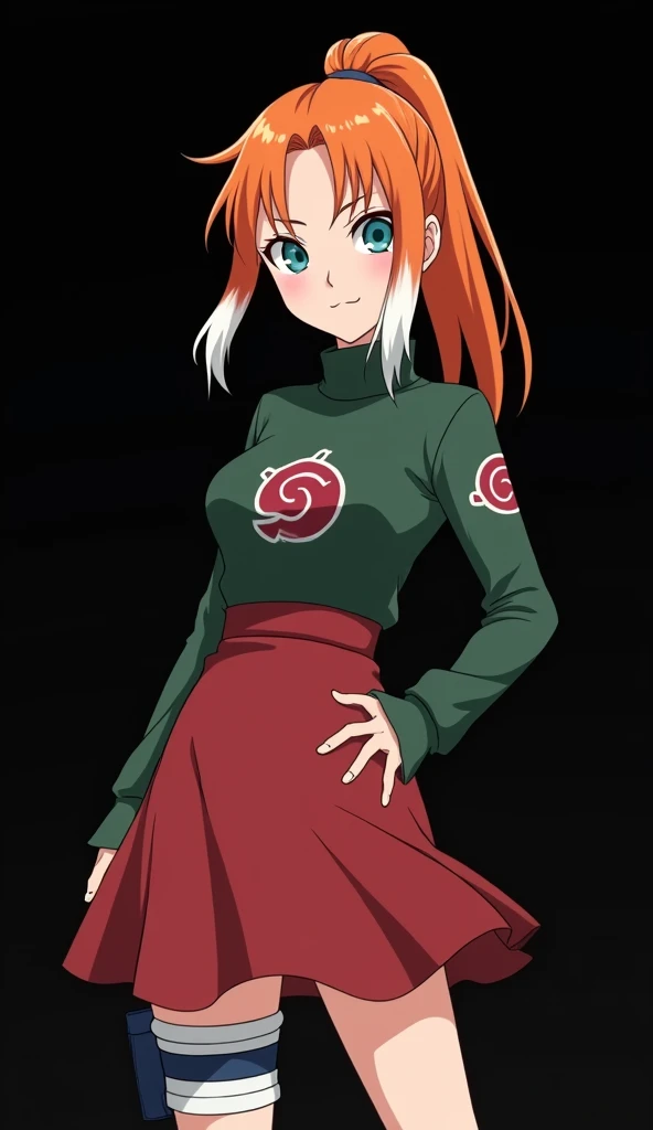 Character created by Masashi Kishimoto 8K girl with a slender and beautiful full-bodied fair skin with fiery orange hair and very smooth with two white locks highlighted on the front similar to those of Rogue from the X-Men hair tied in a ponytail light bl...