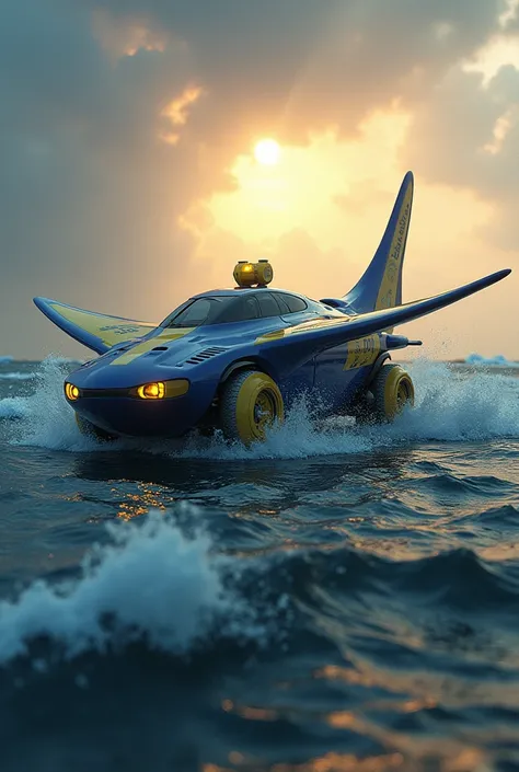 A robust hybrid fish car modeled after a manta ray, with broad fins providing stability and advanced rescue tools integrated into its body. The vehicle is shown deploying flotation devices to save a group of people in the middle of the ocean, its vibrant b...