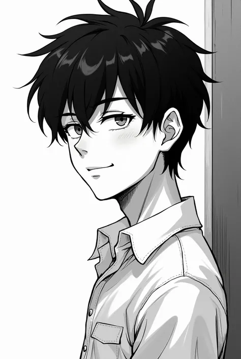 Imagine a young man smiling lightly while looking down and the picture is black and white and in the form of manga