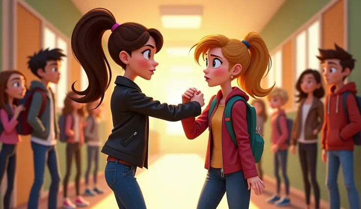 "A Pixar-style cartoon scene capturing a dramatic moment in a bright school corridor. Luna, a confident teenager with long brown hair in a high ponytail, expressive brown eyes, and a bold expression, has grabbed Sofia’s wrist mid-air, stopping her attempte...