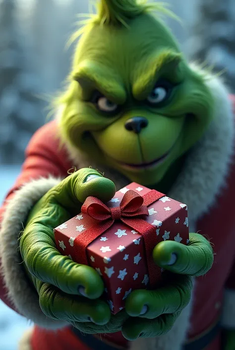  image of the Grinch in the background showing with a clos up his hand with a Christmas gift that is a cell phone, Let us see more detail of his hand than Rosatro 
