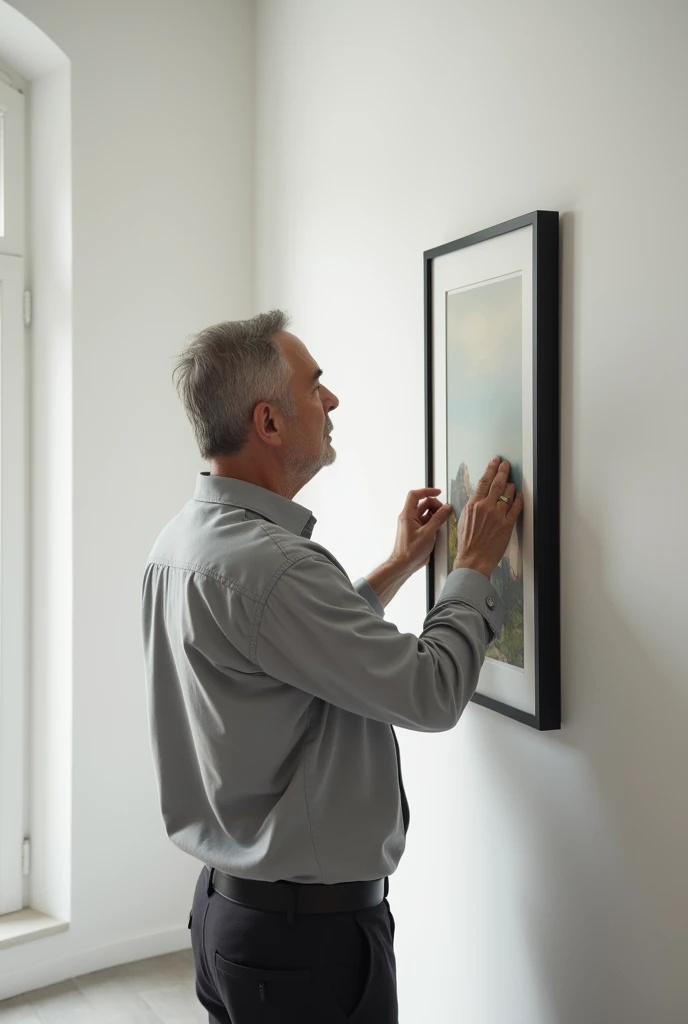 A man looking at a 2d room wall frame make the man face show a bit while looking at the frame 