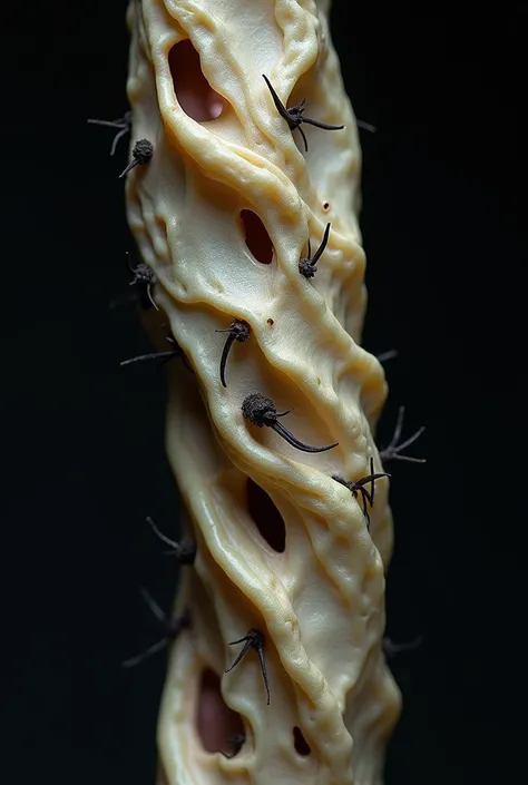 A disturbingly detailed, close-up macro photograph features a flute crafted to resemble human skin, yet its lifelike texture is unsettling. The surface is covered in deep wrinkles and folds, with uneven pores and slight discoloration, giving it the appeara...