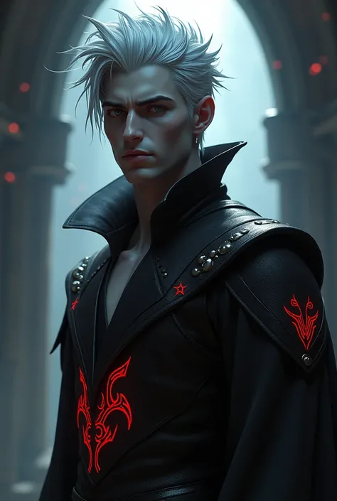 Create Kingdom Hearts style a handsome Drow man with short silver hair with shimmering gray eyes wearing a black metallic vest with red demonic runes in a temple of darkness