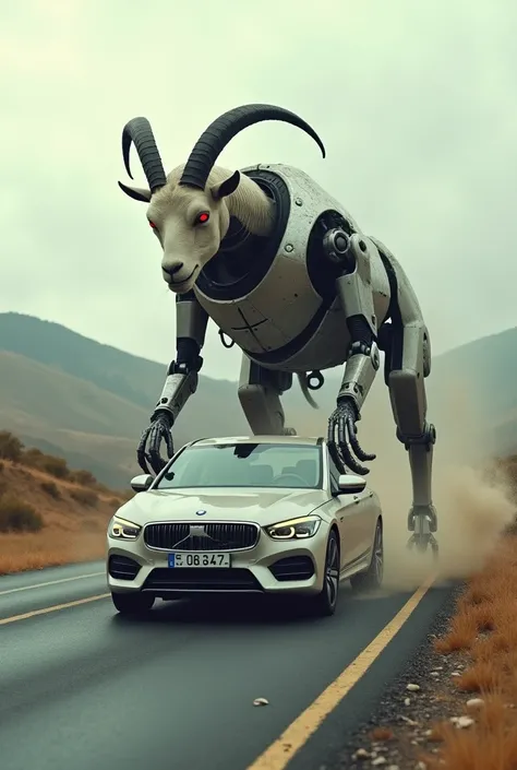 A sedan car crashing into a goat that is half a 2-meter robot